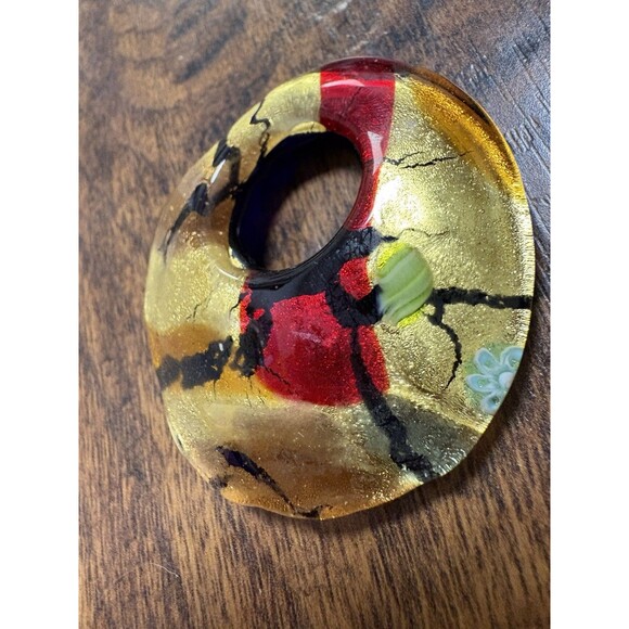 Blown Glass Circle Pendant Necklace Red Yellow ~2” - Picture 2 of 6